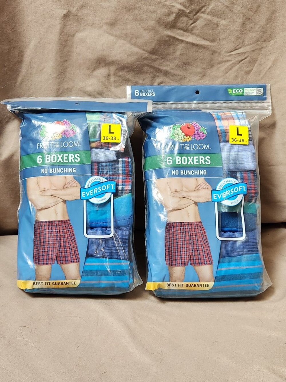 FRUIT OF THE LOOM Men's Boxers No Bunching - 2 Pkg of Six - 12 Boxes - Large NEW